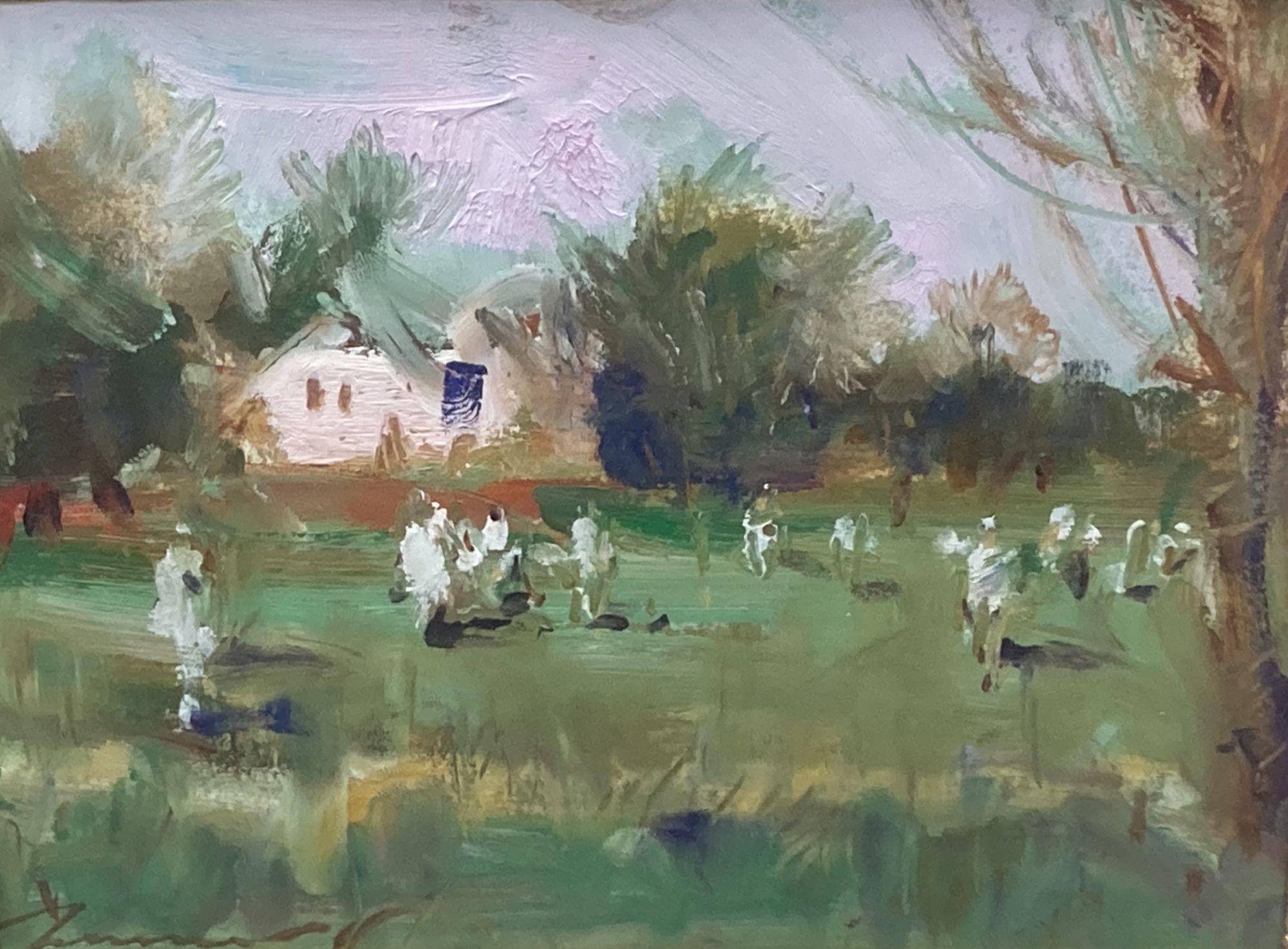 Six assorted paintings and prints including an oil sketch of a cricket match, 15 x 20cm and Chinese gouaches